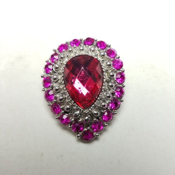 Vintage Hot Pink Rhinestone Drop Shape Brooch, Silver Tone Setting, Estate - Picture 2 of 6